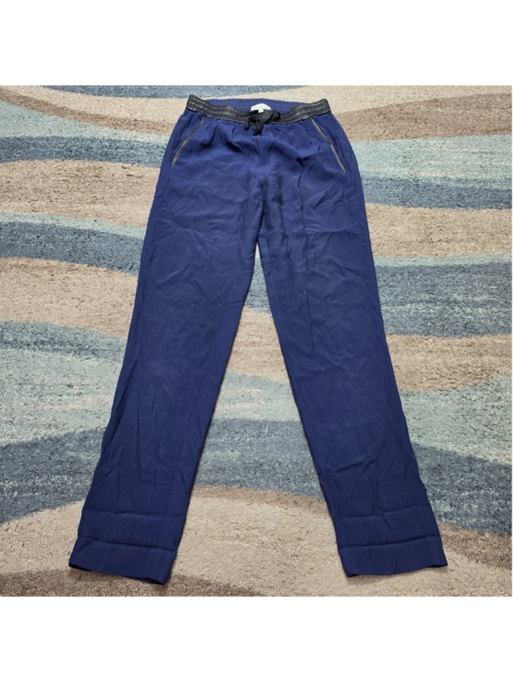 Sandro Womens Pants Size 1 Blue Jogger Leather Trim Drawstring Casual